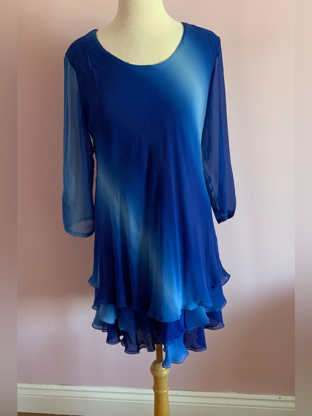 Vintage 90s Blue Ombre Layered Silk Tunic Dress